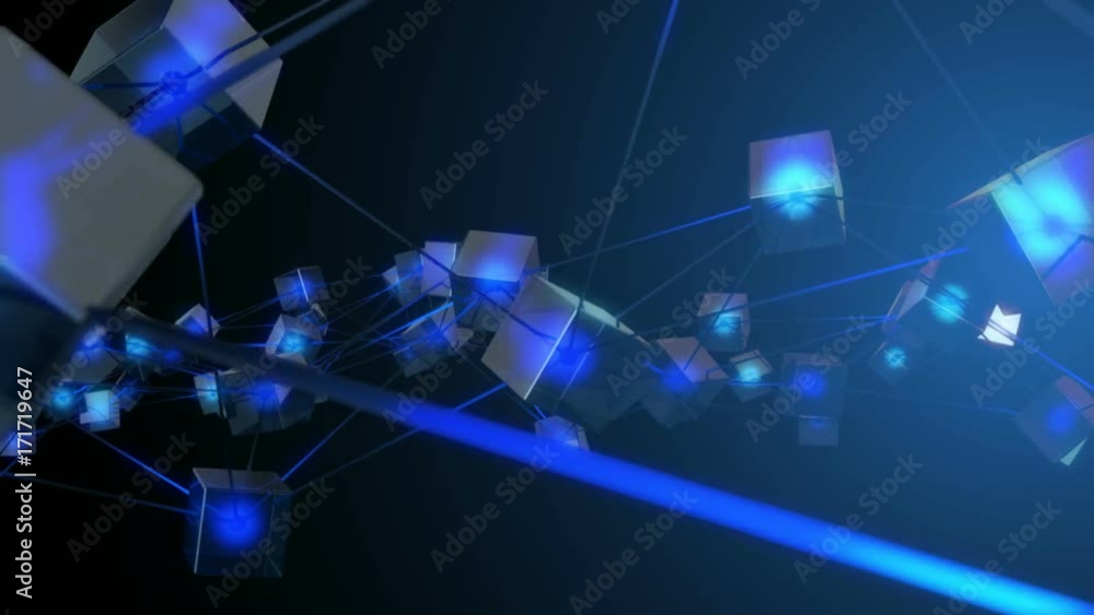 A pan across a concept network of interconnected blocks of data depicting a cryptocurrency blockchain on a dark background