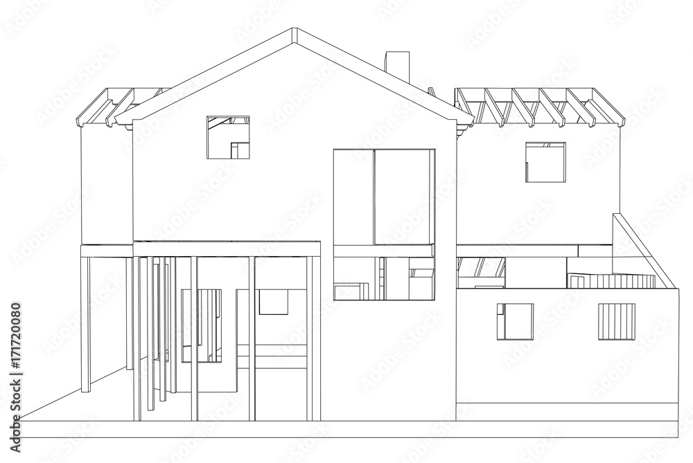 Abstract architectural 3D drawing of apartment house. Vector created of 3d.