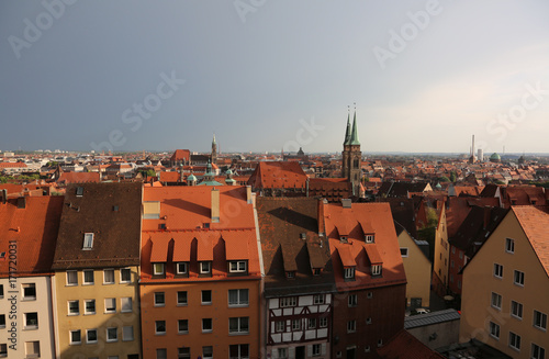 Panorama of the city of Nuremberg in Germany with many houses an
