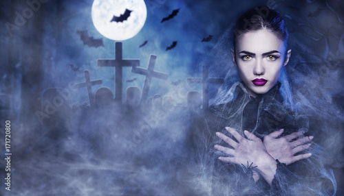 Dekoracja na wymiar  fantasy-halloween-vampire-woman-portrait-beauty-sexy-vampire-in-a-cemetery-at-night-wearing-spider-web-hands-on-chest-fashion-art-design-beautiful-gothic-model-girl-dark-elf-cat-s-eyes