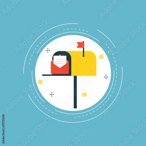 Online marketing, e-mail advertising, newsletter promotion, mailbox, inbox, subscriptions flat vector illustration design. Contact us design for web banners and apps