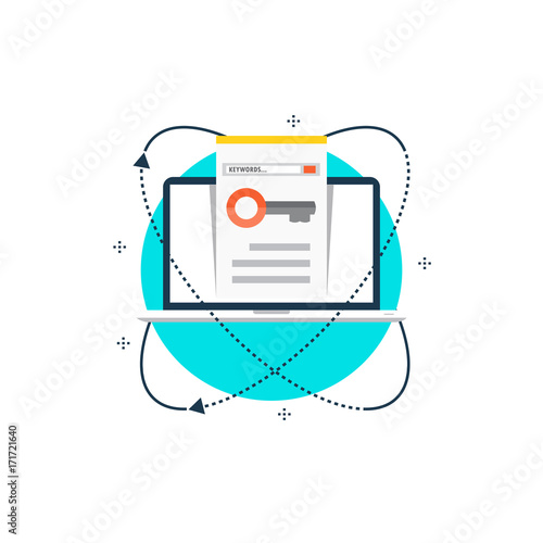 Keywording, SEO keywording process, keyword research, keywords optimization flat vector illustration design. Design for web banners and apps