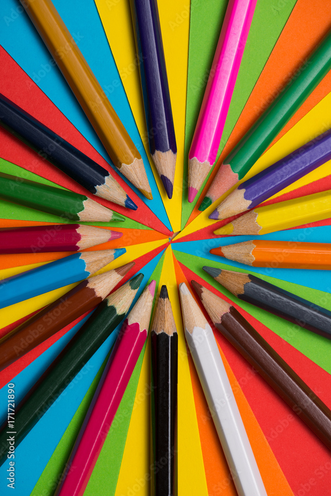 Colorful crayons. Many different colored pencils.