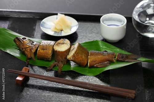 komochi ayu no kanroni, sweetfish with roe simmered in soy sauce and sugar, japanese appetizer for sake
 photo