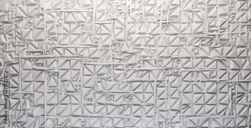 White mosaic, squares and triangles at different depths. 3d Rendering.