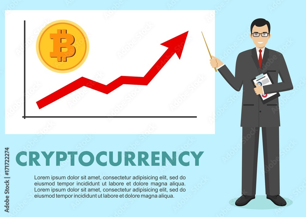 Cryptocurrency concept. Businessman and graph with trend line rising up and coin with a sign of bitcoin in flat style isolated. Digital currency electronic money, exchange, mobile banking. Vector. Cryptocurrency concept. Businessman and graph with trend line rising up and coin with a sign of bitcoin in flat style isolated. Digital currency electronic money, exchange, mobile banking. Vector.
