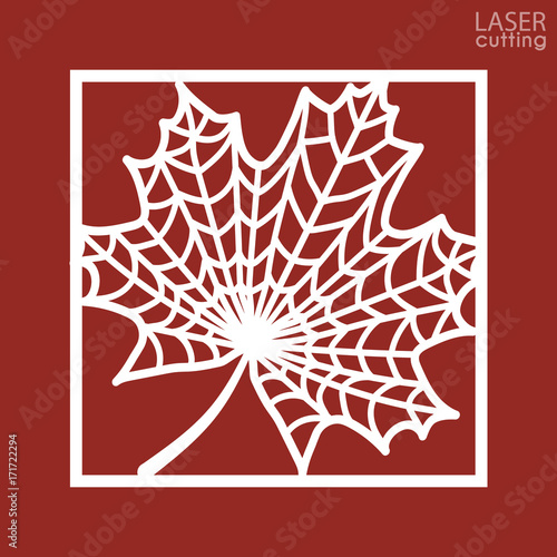 Laser cut square ornamental panel with pattern of maple leaf. Template of wedding invitation or greeting card. Cabinet fretwork screen. Metal design, wood carving.
