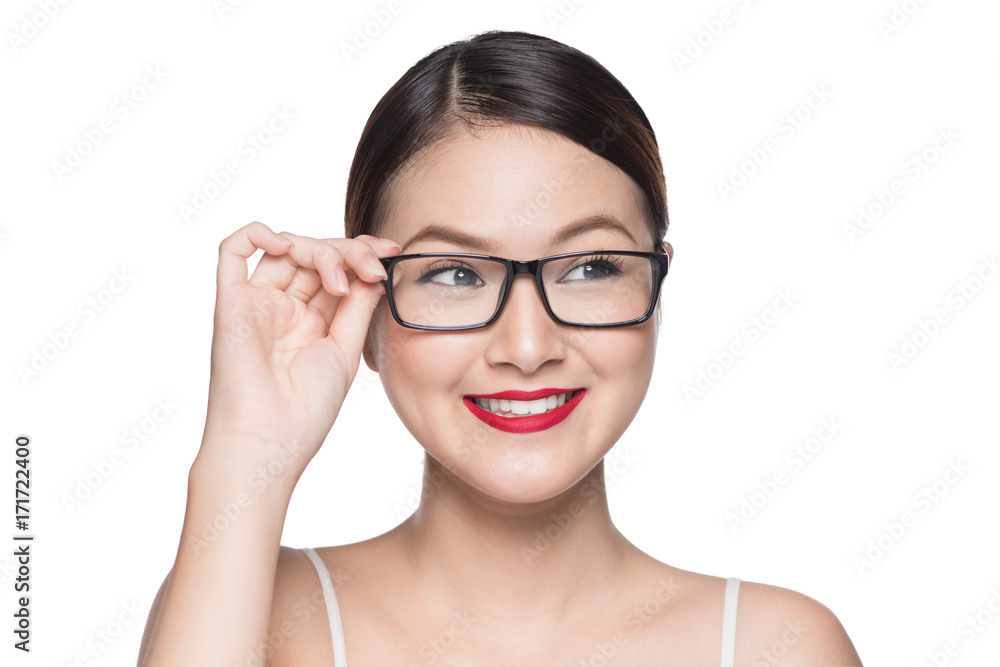 Beauty asian model girl with perfect skin wearing glasses, isolated on white background. Beauty asian model girl with perfect skin wearing glasses, isolated on white background.