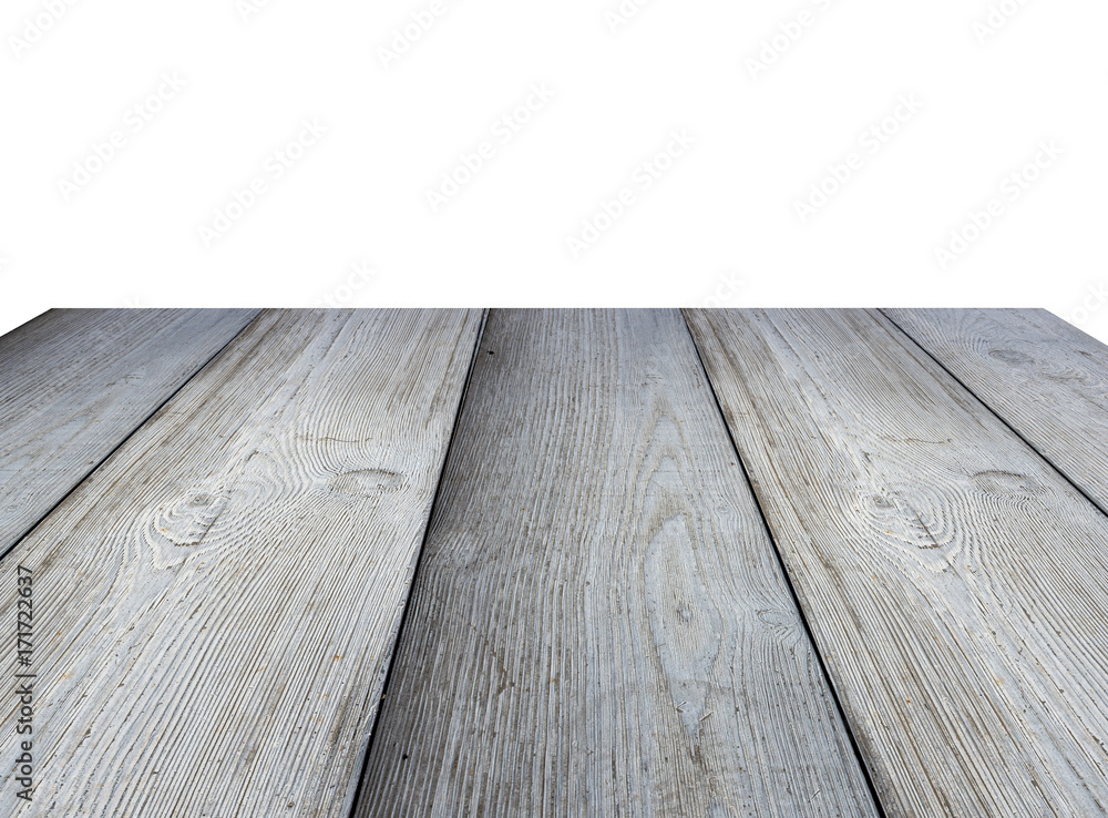 Gray wooden perspective floor, desk or planks isolated on white background Gray wooden perspective floor, desk or planks isolated on white background