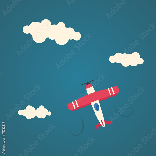 Flat airplane illustration, flying aircraft in the sky.