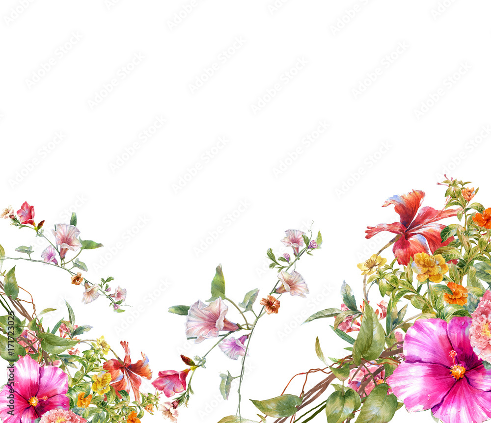 Naklejka premium watercolor painting of leaves and flower, on white background