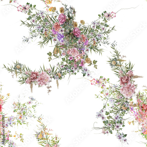 Watercolor painting of leaf and flowers, seamless pattern on white background © photoiget