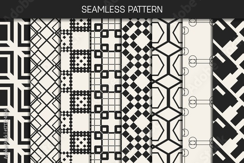 Abstract concept vector monochrome geometric pattern. Black and white minimal background. Creative illustration template. Seamless stylish texture. For wallpaper, surface, web design, textile, decor.