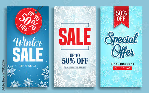 Winter sale vector poster design set with sale text and snow elements in colorful winter background for shopping promotions. Vector illustration.
