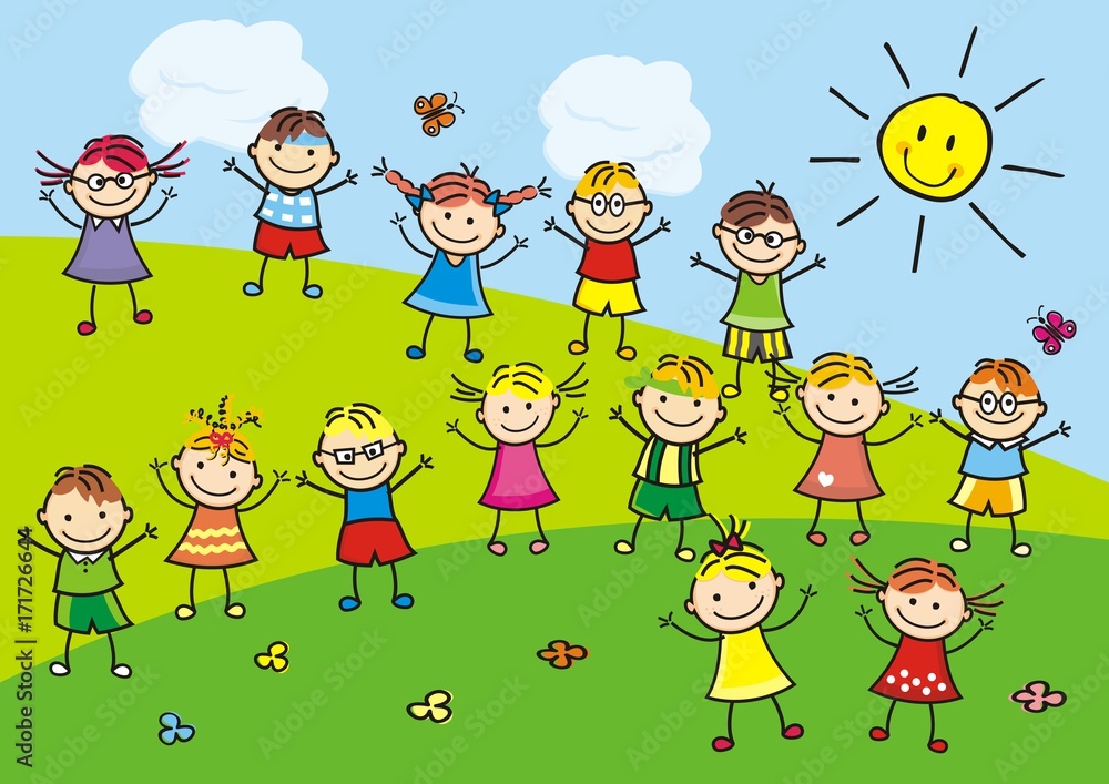Happy kids on meadow, vector illustration Happy kids on meadow, vector illustration