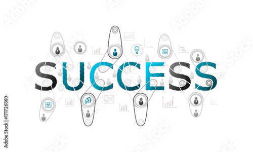 Success concept illustration with complex gear and people silhouettes with cogs