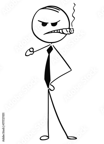 Cartoon Illustration of Angry Business Man with Cigar Pointing