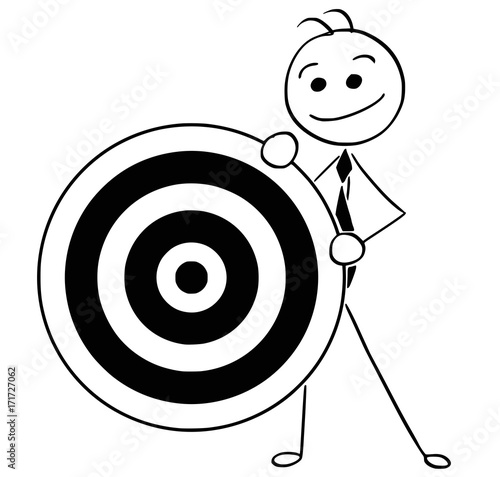 Cartoon Illustration of Smiling Business Man Holding Dartboard Target