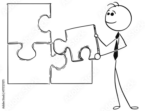 Cartoon Illustration of Business Man Holding Jigsaw Puzzle Piece