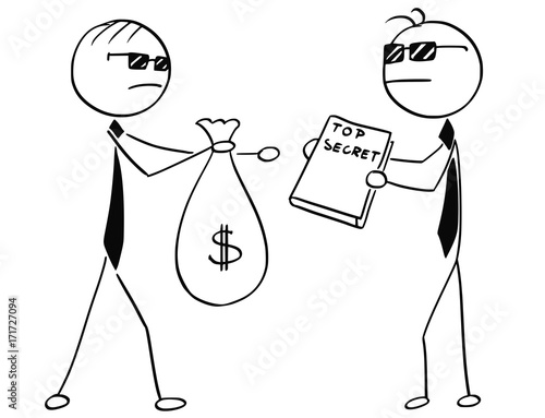 Cartoon Illustration of Two Agents Spies Business Men Selling Secrets for Money