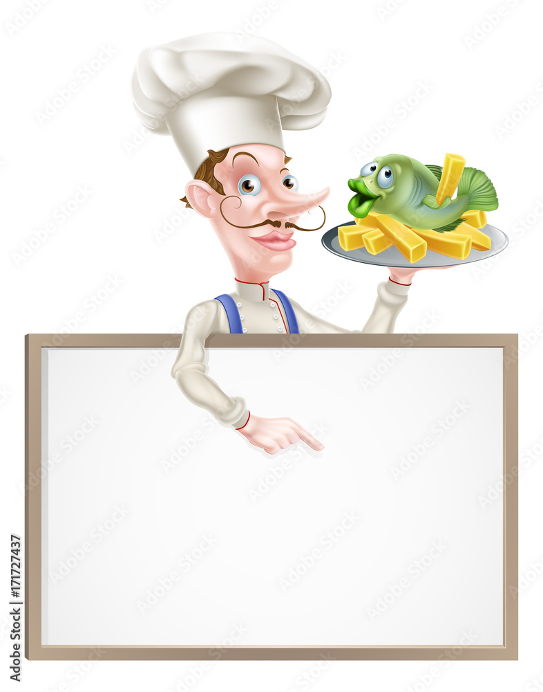 Chef Holding Fish and Chips Pointing at Sign Chef Holding Fish and Chips Pointing at Sign