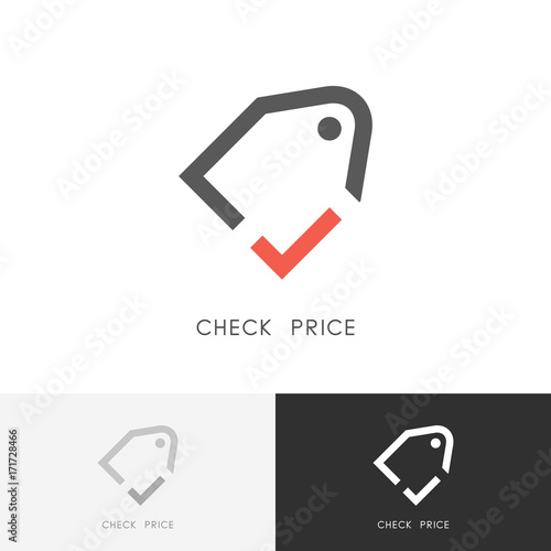 Check price logo - label or tag with red checkmark or tick symbol. Sale, discount and shopping vector icon.