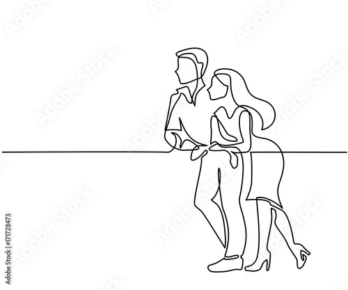 Continuous line drawing. Young couple standing and leaning on balcony railing. Vector illustration