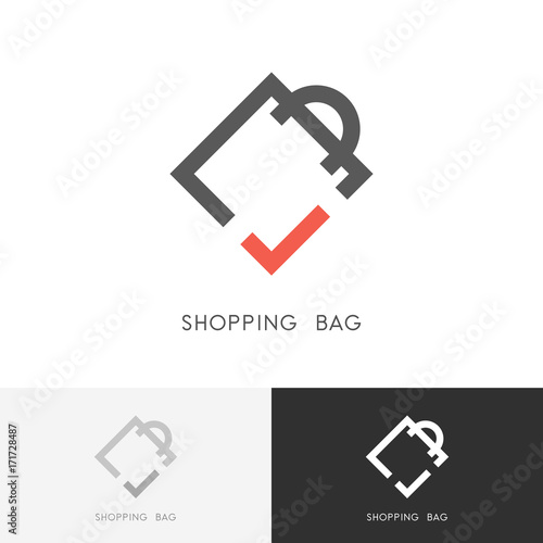 Shopping bag logo - package or packet with red check mark or tick symbol. Pack, store and shop vector icon.