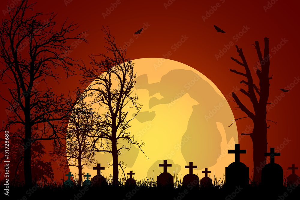 Vector illustration of a graveyard with tombstones and trees under a haunted red sky with a big moon