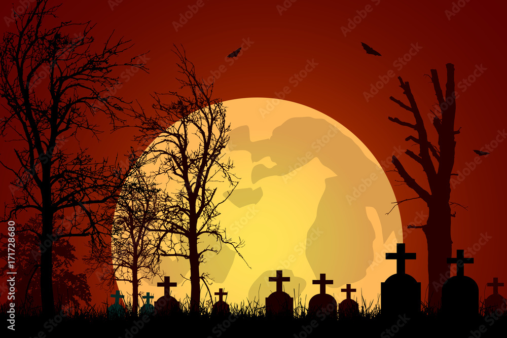 Vector illustration of a graveyard with tombstones and trees under a haunted red sky with a big moon Vector illustration of a graveyard with tombstones and trees under a haunted red sky with a big moon
