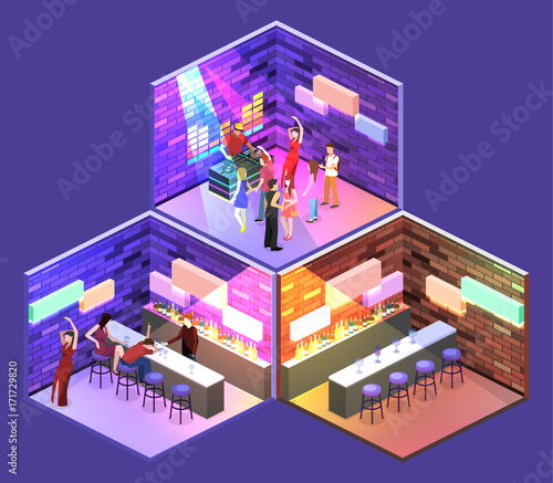 Isometric flat 3Dconcept vector cutaway Bar in the nightclub.