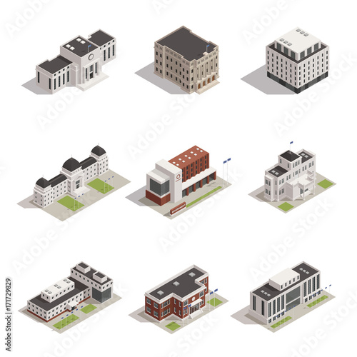 Government Buildings Isometric Icons Set