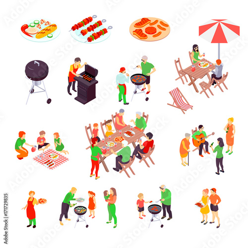 Family Barbecue Picnic Isometric Icons