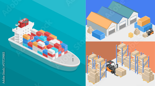 isometric interior of warehouse. The boxes are on the shelves.