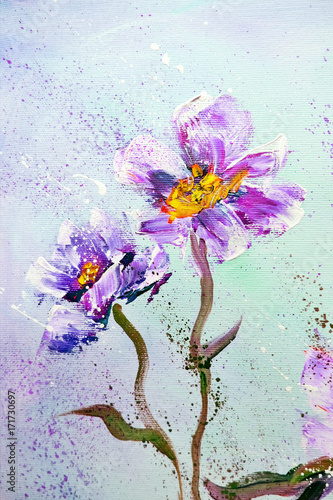 Hand painted modern style Purple peonies flowers. Spring flower seasonal nature background. Oil painting floral texture
