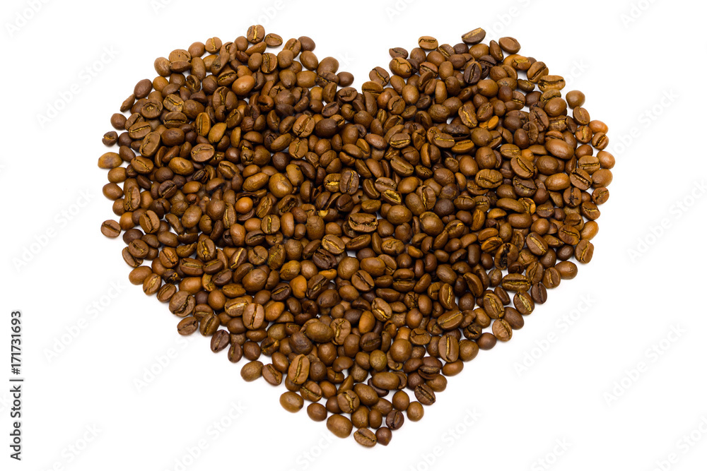 Coffee beans in heart shape white background. Top view Coffee beans in heart shape white background. Top view