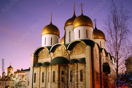 Moscow Kremlin. Dormition church. Blue sky background.