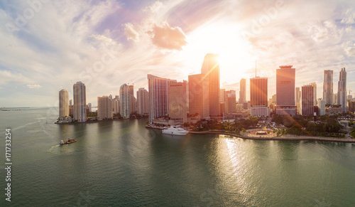 Aerial view of downtown Miami at sunset. All logos and advertising removed.