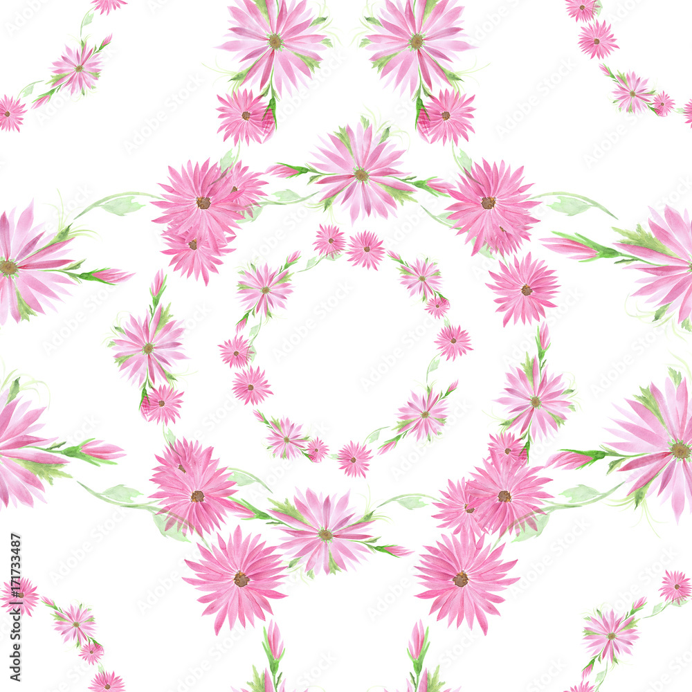 Flowers  -  decorative composition on a watercolor background. Seamless pattern. Use printed materials, signs, items, websites, maps, posters, postcards, packaging.