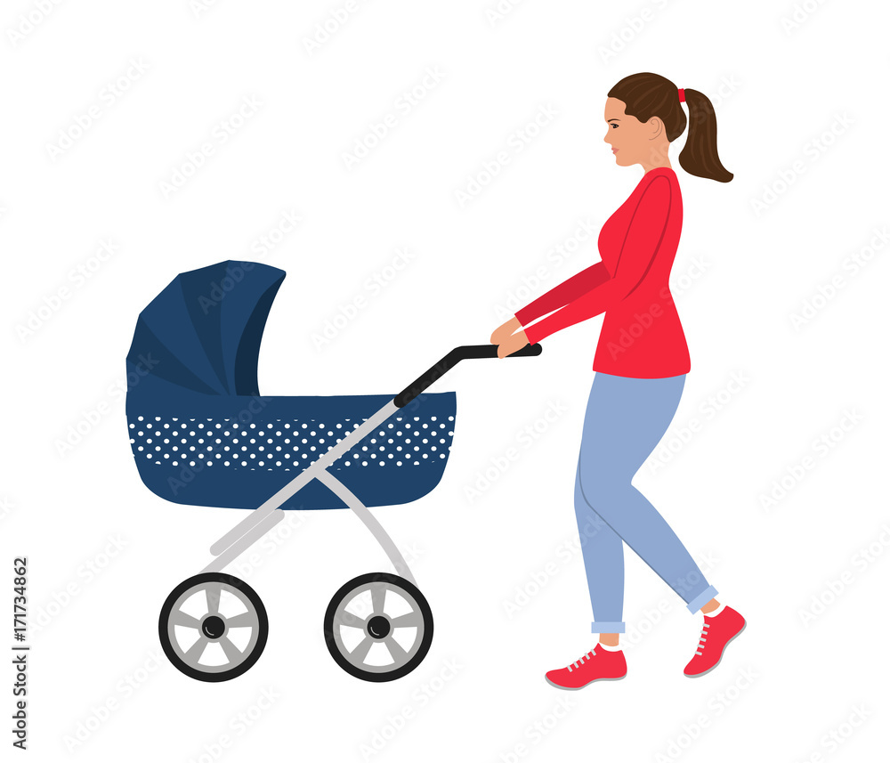 Young woman with a blue baby stroller. Vector illustration.