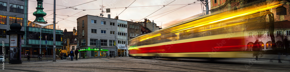 Blurred tram in the center of Bratislava, Slovakia