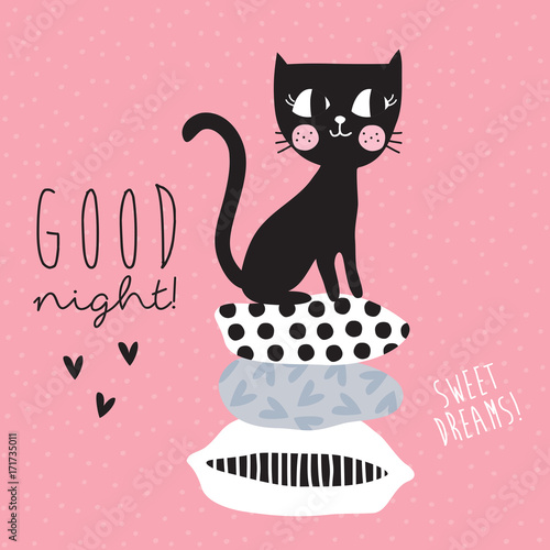 cute black cat siting on top of cushions vector illustration