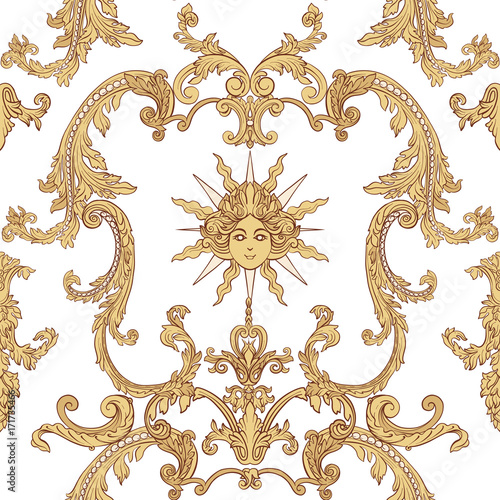 Seamless pattern with richly decorated rococo style floral decor