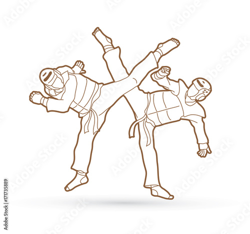 Taekwondo fighting outline graphic vector.