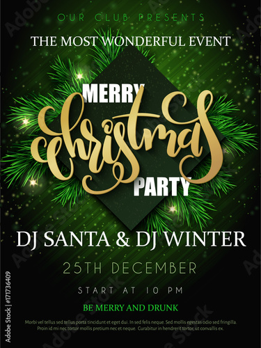 Vector illustration of christmas party poster with hand lettering label - christmas - with fir-tree branches