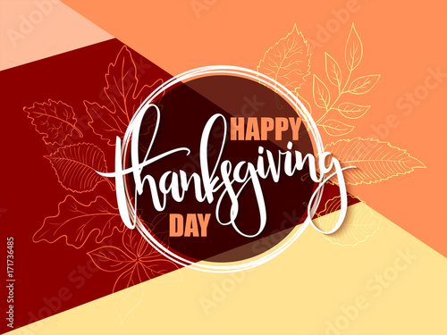 Vector greeting banner with hand lettering label - happy thanksgiving day - autumn doodle leaves