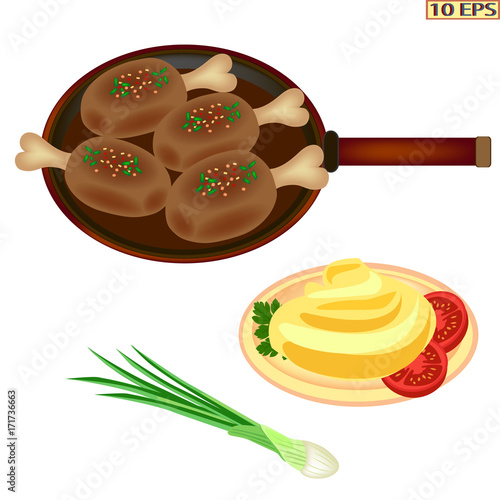 Meat rissole. Fried cutlet in the pan. Steak. Cutlet with bread. Chop. Meatball fried. Meat and bread. American food. Burger with beef steak. Vector illustration.