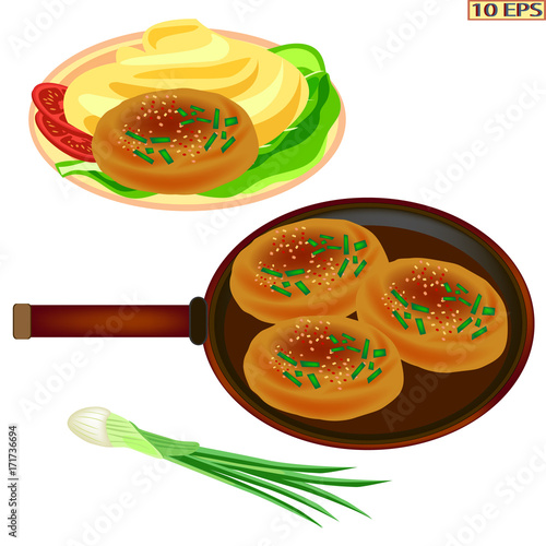 Meat rissole. Fried cutlet in the pan. Steak. Cutlet with bread. Chop. Meatball fried. Meat and bread. American food. Burger with beef steak. Vector illustration.