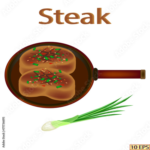 Meat rissole. Fried cutlet in the pan. Steak. Cutlet with bread. Chop. Meatball fried. Meat and bread. American food. Burger with beef steak. Vector illustration.