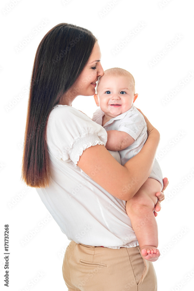 Young mother with her adorable baby isolated on white background Young mother with her adorable baby isolated on white background